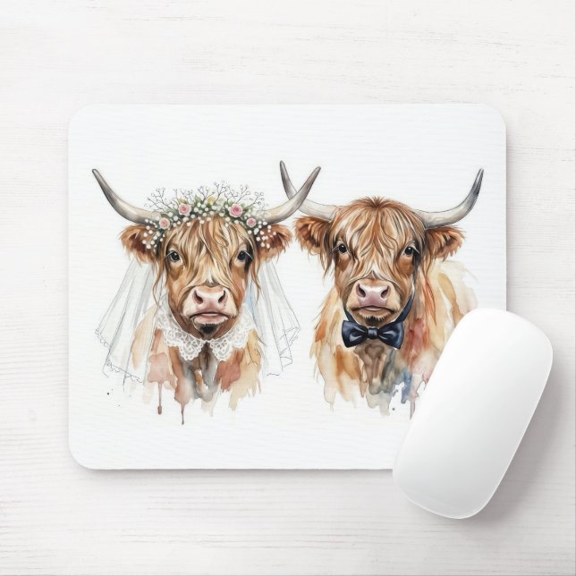 Mousepad Vacas das Terras Altas no Casamento em Aquarela (Com mouse)