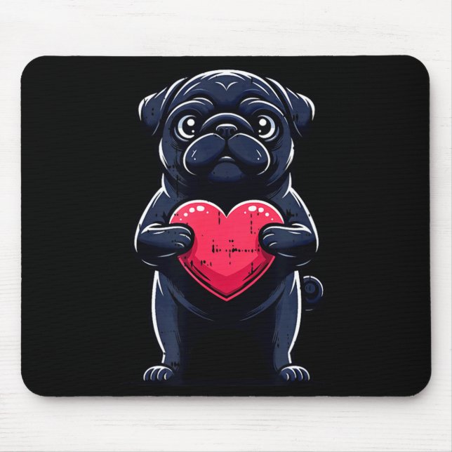 Mousepad Valentines Day Black Pug Heart Funny Dog Mom Dad F (Frente)
