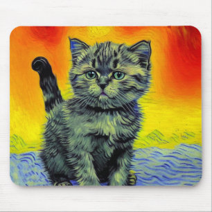 Mousepad Van Gogh Style Cat Sunset Beach
