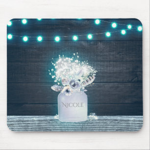 Mousepad Vaso de Mason Floral & Luzes de Corda Azuis Rústic
