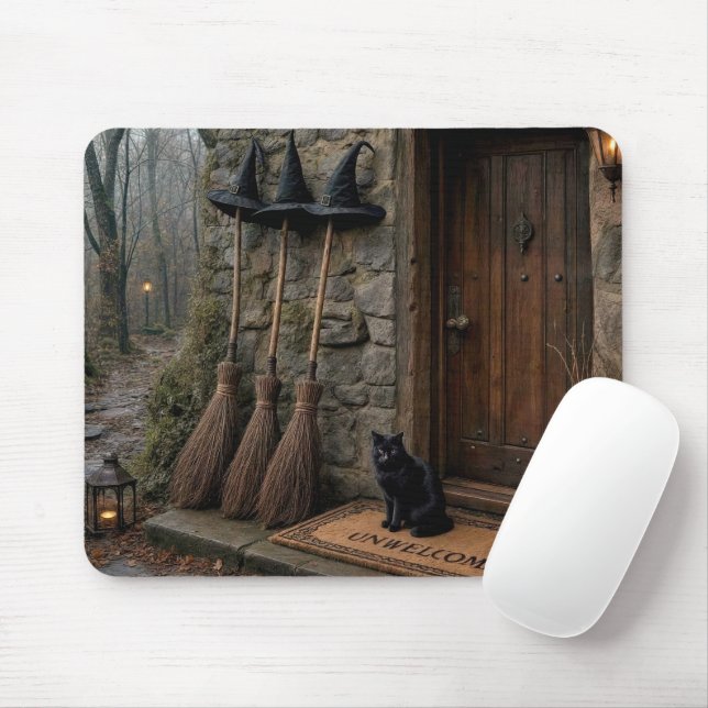 Mousepad Vassouras de Gato e Bruxa de Halloween (Com mouse)