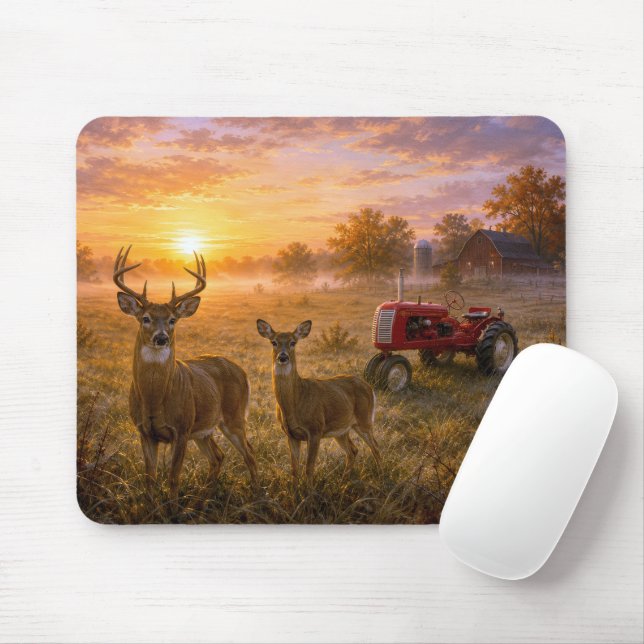 Mousepad Veado de Cauda Branca com Trator Vermelho Antigo (Com mouse)