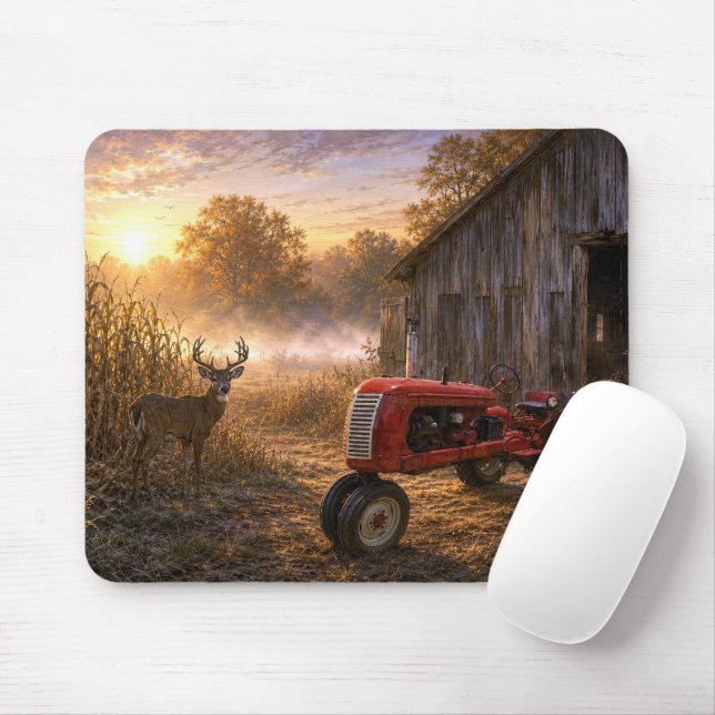 Mousepad Veado de Cauda Branca e Trator Antigo na Névoa da  (Com mouse)