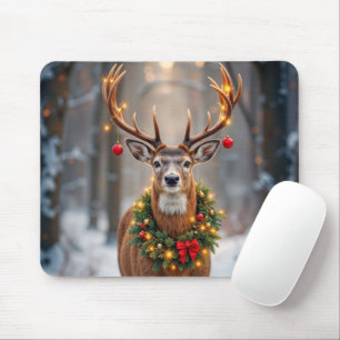 Mousepad Veado de Inverno Usando uma Grinalda de Natal Bril