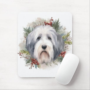 Mousepad Velha Inglês Sheepdog Christmas Wreath Festivo Pup