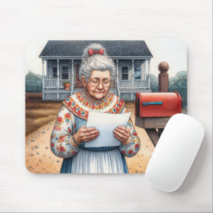 Mousepad Velha senhora lendo uma carta por uma caixa de cor