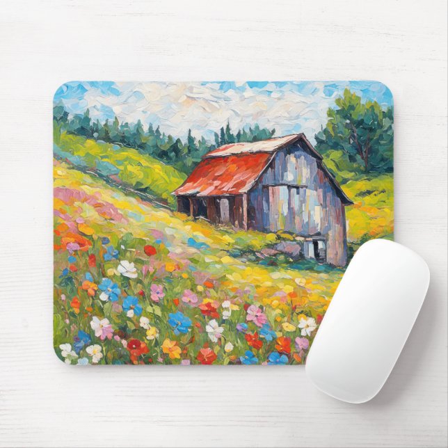Mousepad Velho Celeiro No Campo De Flor Selvagem (Com mouse)