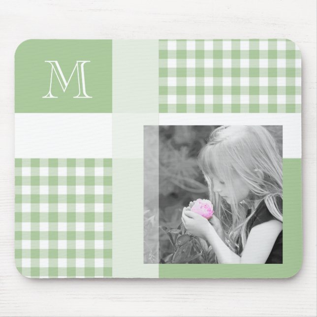 Mousepad Verde Adicione Sua Foto Gingham Moderno Monograma (Frente)