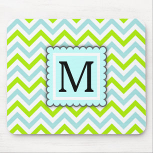 Mousepad Verde & monograma azul do costume de Chevron do