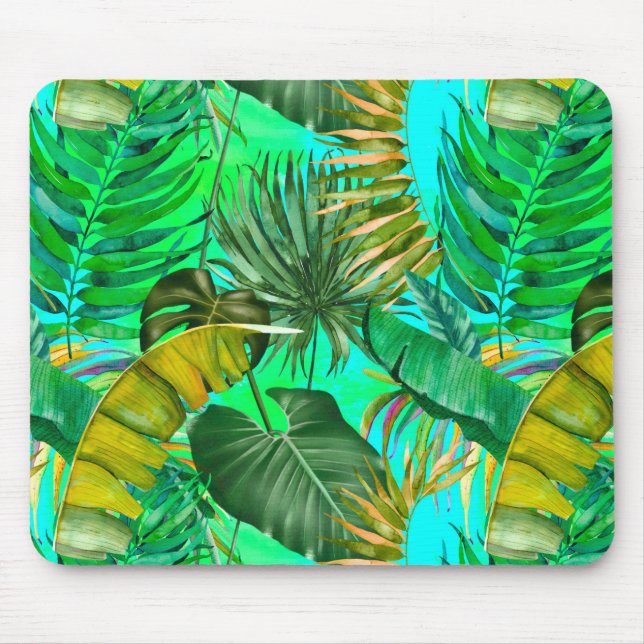 Mousepad Verde tropical elegante deixa padrão azul amarelo (Frente)