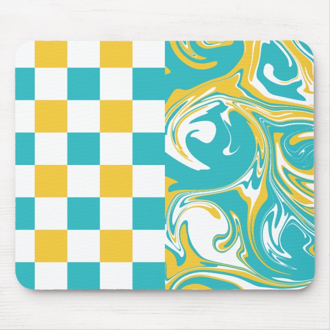 Mousepad Verificações e espirais em Turquesa, Amarelo e Bra (Frente)