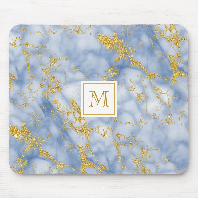 Mousepad Vermelhidão Azul Elegante Monograma Faux Glitter D (Frente)