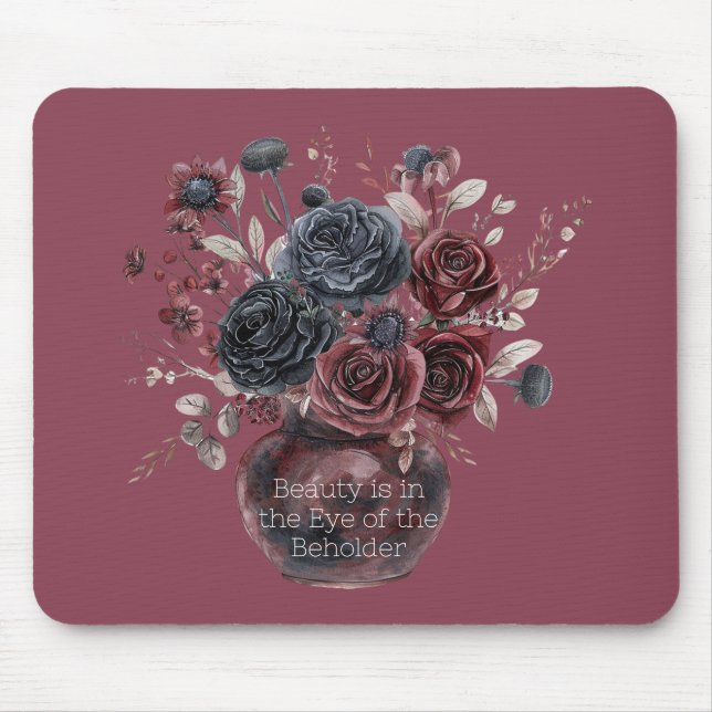 Mousepad Vermelho Borgonha Flores Pretas Beleza É (Frente)