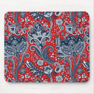 Mousepad Vermelho Branco & Azul Floral Paisley Boêmio Boho