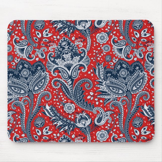 Mousepad Vermelho Branco & Azul Floral Paisley Boêmio Boho (Frente)