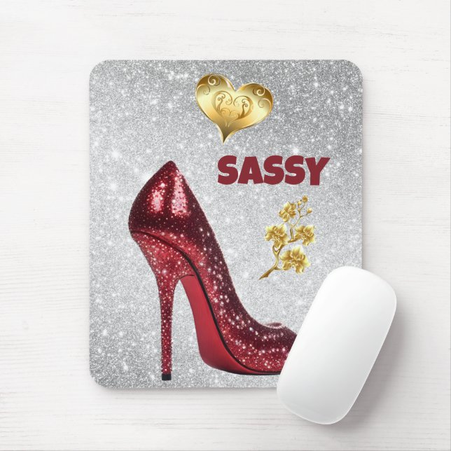 Mousepad Vermelho e Dourado no Calçado prateado de alto sal (Com mouse)