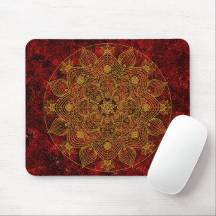 Mousepad Vermelho Floral Elegante, Preto e Dourado Mandala