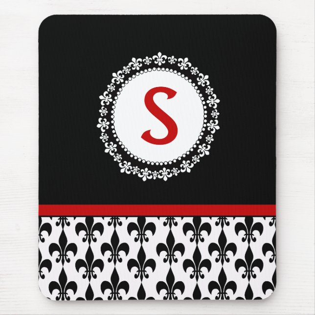 Mousepad Vermelho Negro Monograma Fleur de Lis (Frente)