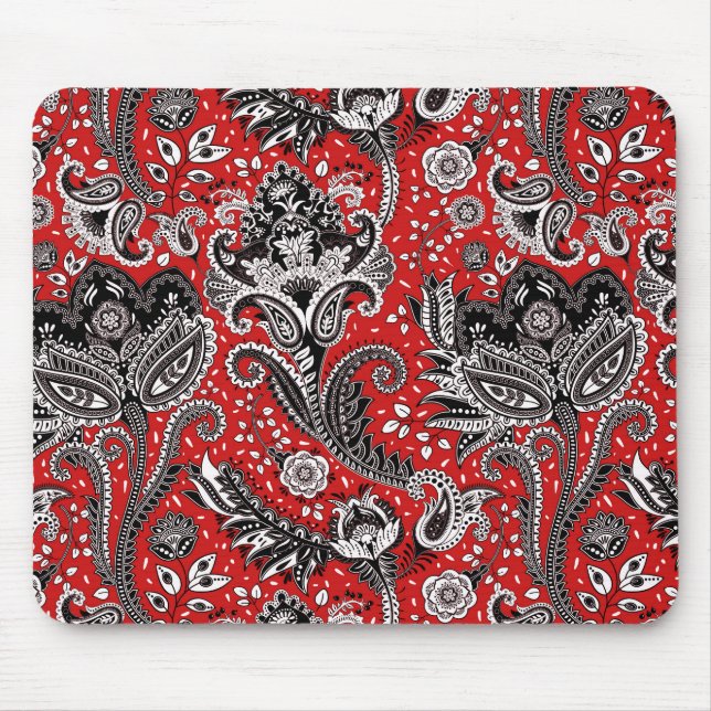 Mousepad Vermelho Preto e Branco Floral Paisley Boêmio Boho (Frente)
