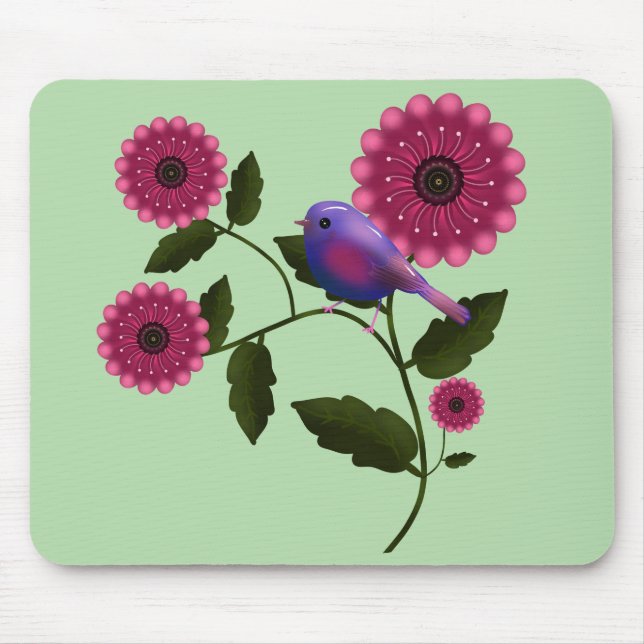 Mousepad Vibrant Spring Floral with Cute Purple Bird Art (Frente)