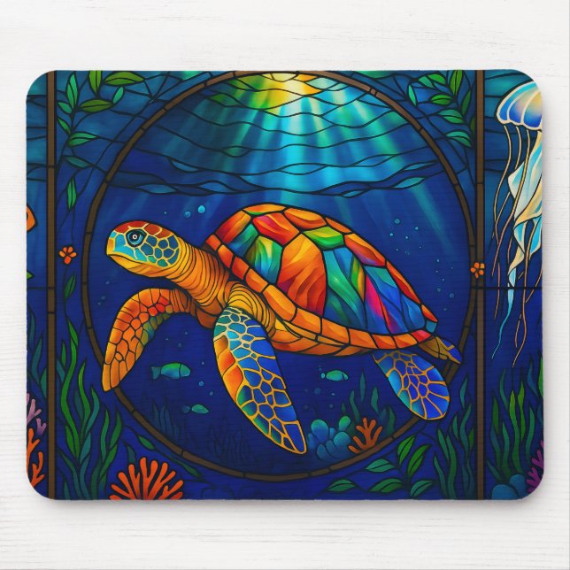Mousepad Vibrant Stained Glass Sea Turtle Ocean Design (Frente)