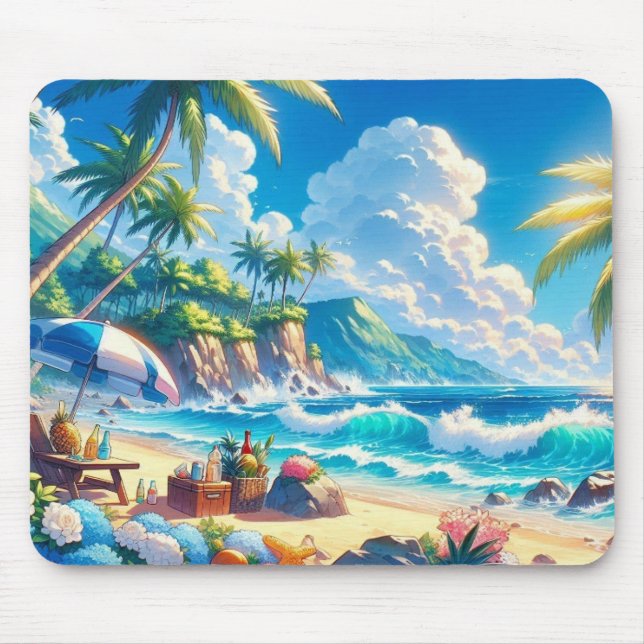Mousepad Vibrant Tropical Island Beach Watercolor (Frente)