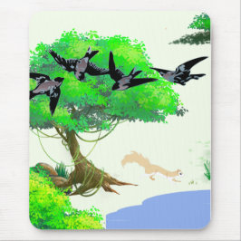 Mousepad Vida na Floresta primavera com Aves e Esquilo - Na