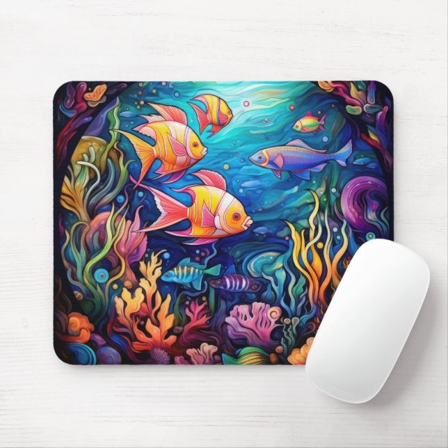 MOUSEPAD VIDRO MANCHADO BRILHANTE OLHAR SUBMARINO COM PEIXE (Com mouse)