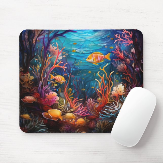 MOUSEPAD VIDRO MANCHADO BRILHANTE OLHAR SUBMARINO COM PEIXE (Com mouse)