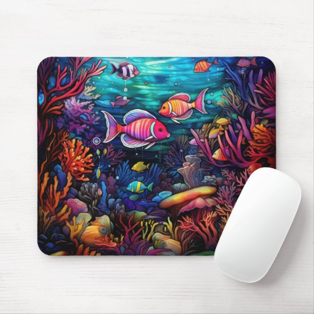 MOUSEPAD VIDRO MANCHADO BRILHANTE OLHAR SUBMARINO COM PEIXE (Com mouse)