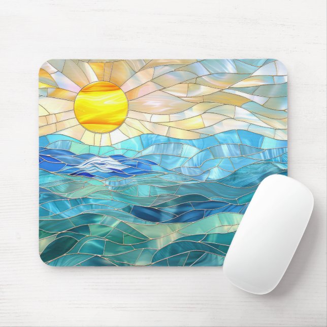 Mousepad Vidro Manchado Praia Oceano Tropical Nascer do Sol (Com mouse)