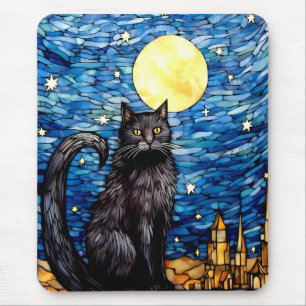 Mousepad Vidro Negra Gato Negra Estrelado Noite Estrelada