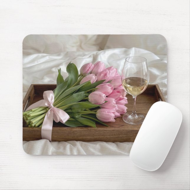 Mousepad Vinho e Tulipas Rosas em Lençóis de Seda (Com mouse)