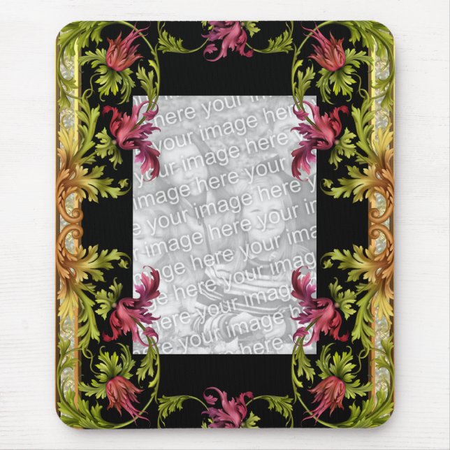 Mousepad Vintage "ADD Your Photo" Preto Floral (Frente)