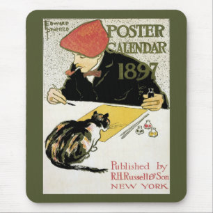 Mousepad Vintage Art Nouveau, Artista Pintura com Pet Cat