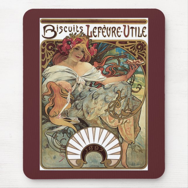 Mousepad Vintage Art Nouveau, biscoitos de Alphonse Mucha (Frente)