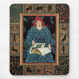 Mousepad Vintage Art Nouveau, Mulher Lendo Livro de Astrolo