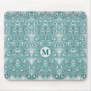 Mousepad Vintage Art Nouveau Teal Peacock Feather Monograma