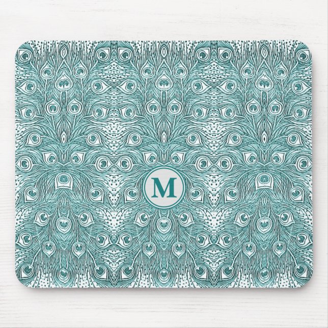 Mousepad Vintage Art Nouveau Teal Peacock Feather Monograma (Frente)
