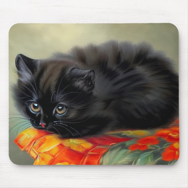 Mousepad Vintage Black Kitten com Red Flower Blanket (Frente)