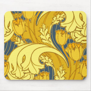 Mousepad Vintage Bold Tulip Blue Gold Pattern