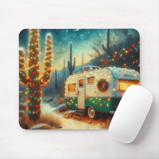 Mousepad Vintage Camper Christmas em Desert Saguaro Cactus (Com mouse)