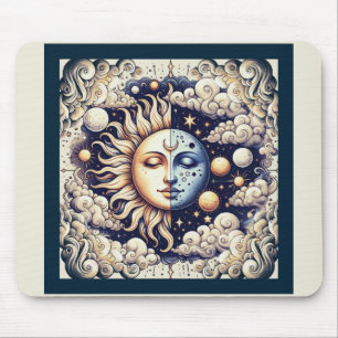 Mousepad Vintage Celestial Half Sun e Moon Blue Yellow