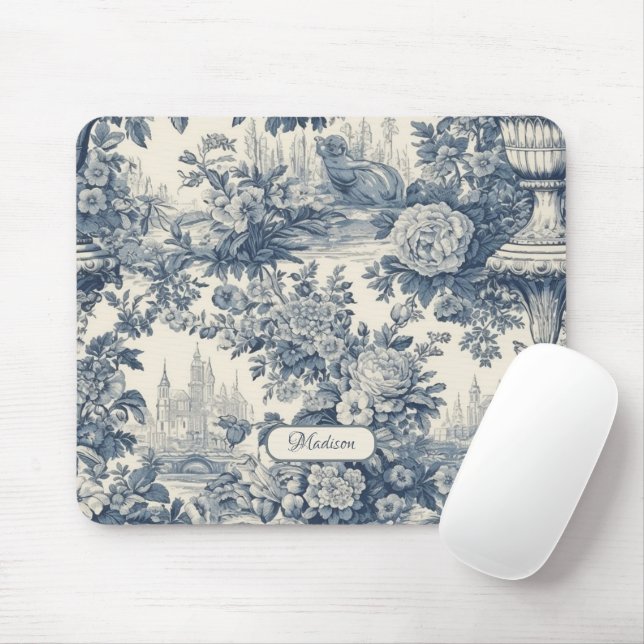 Mousepad Vintage chic Blue toile de jouy monograma (Com mouse)