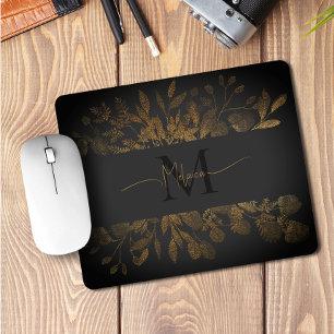Mousepad Vintage Cinzas pretas e Monograma floral com brilh