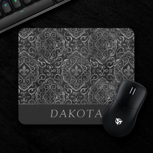 Mousepad Vintage Fleur de Lis Black Silver Grunge Damask