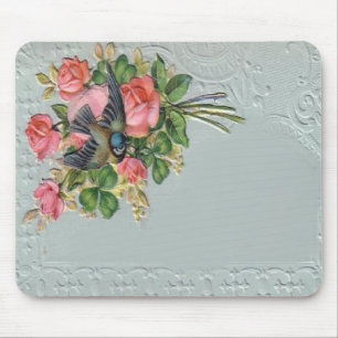 Mousepad Vintage floral, laço do Victorian, pássaro azul