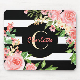 Mousepad Vintage Floral Monograma Preto Branco Estimulado P