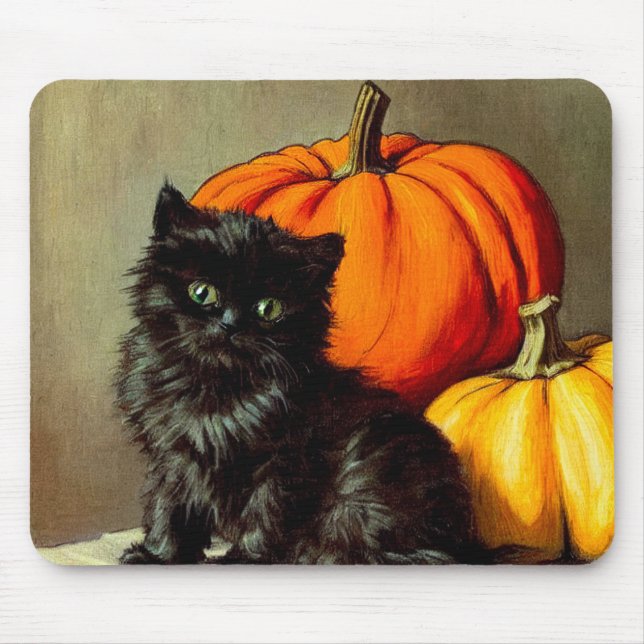 Mousepad Vintage Halloween Black Cat e Pumpkins (Frente)