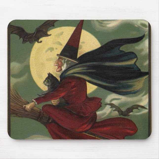 Mousepad Vintage Halloween Bruxa Andando Broomstick com Cat (Frente)